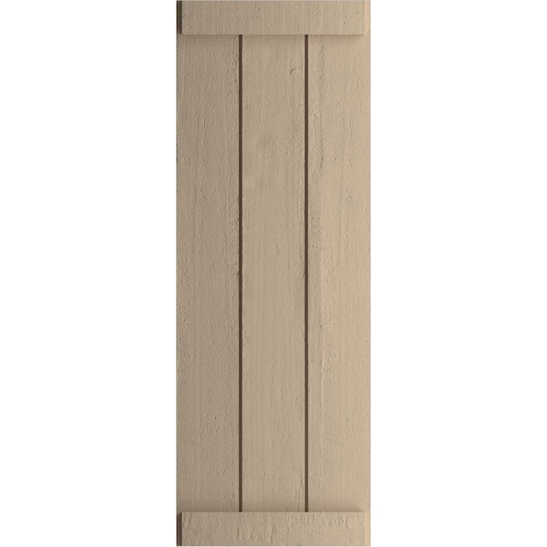 Rustic Three Board Joined Board-n-Batten Rough Cedar Faux Wood Shutters W/End Batten, 16 1/2Wx64H